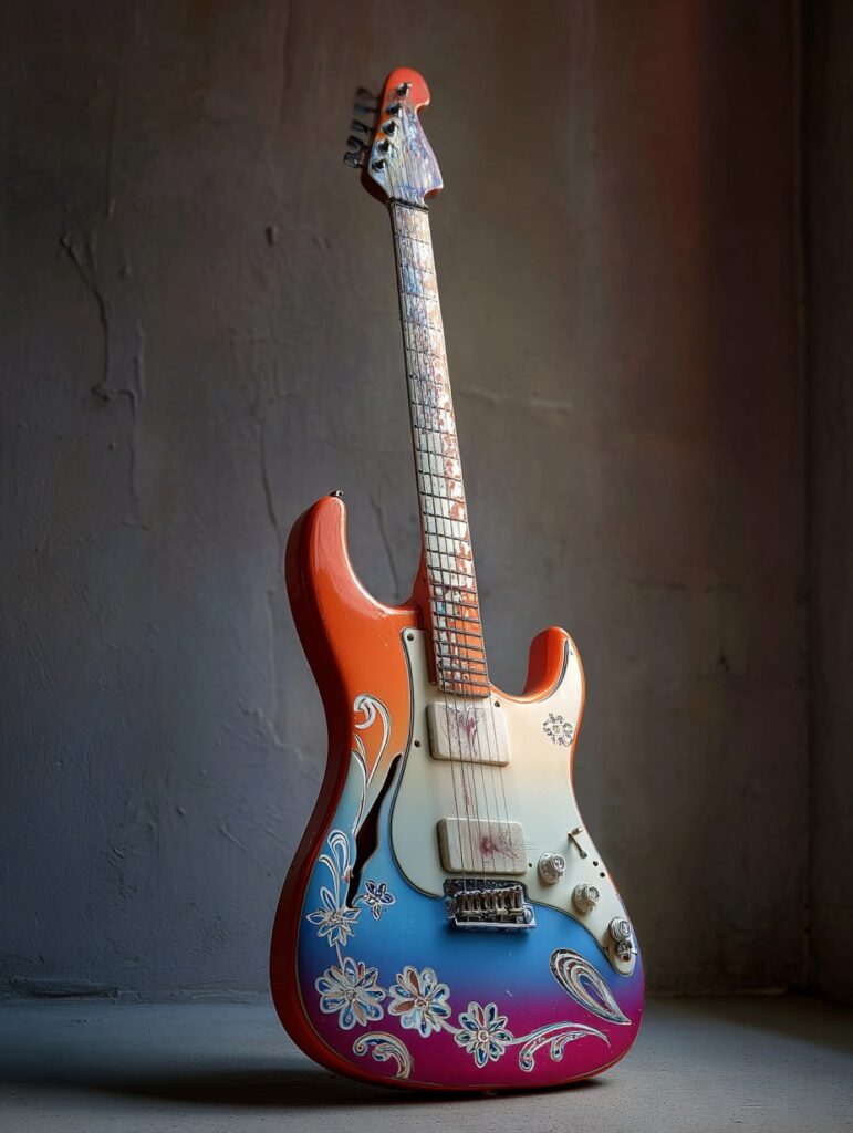 Bunte E-Gitarre im Vintage-Stil mit floralen Mustern – symbolisches Bild zum Thema Akkorde transponiern online