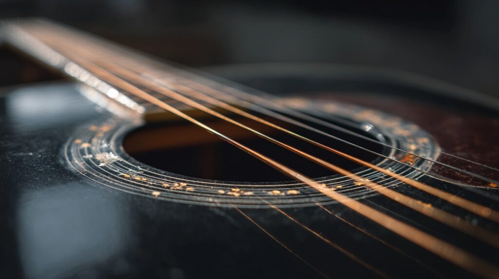 Detailaufnahme einer schwarzen Akustikgitarre mit Fokus auf die Saiten – Symbolbild für Kapodaster umrechnen & Akkorde transponieren