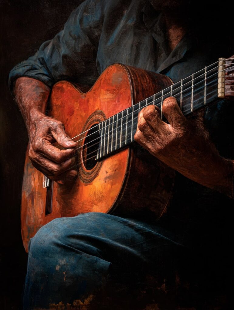 Nahaufnahme eines älteren Mannes, der eine klassische Gitarre spielt – perfekte visuelle Darstellung zum Thema Noten transponieren online